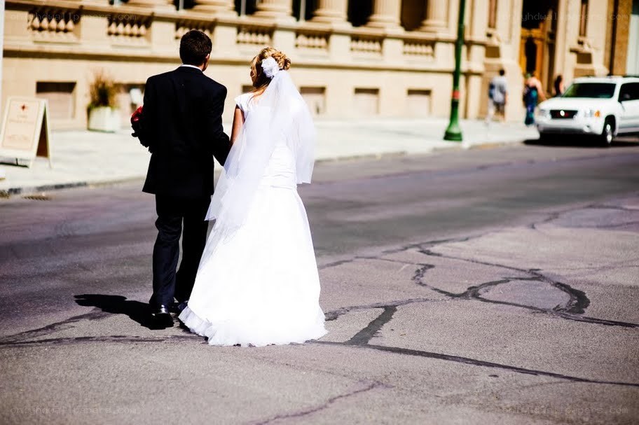 Bride and groom walking together