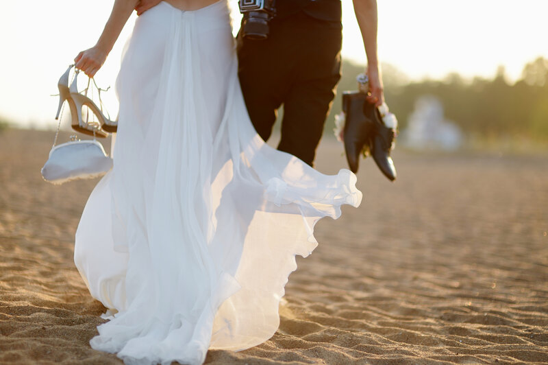 Bride and Groom Walking — White, Serene, Sunset