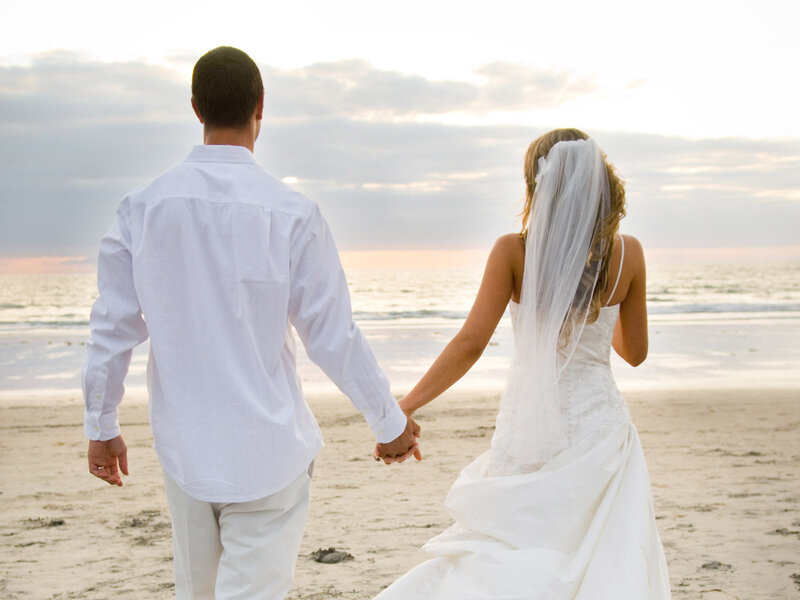 Bride and Groom Walking — White, Serene