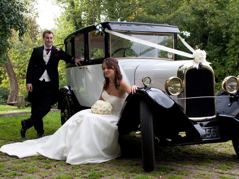 Bride and Groom with Car — White
