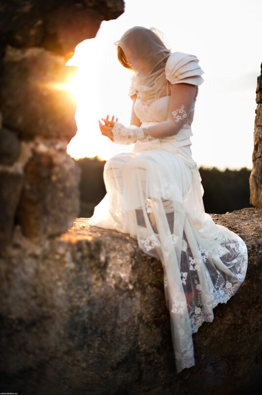 Bride at sunset on ruins
