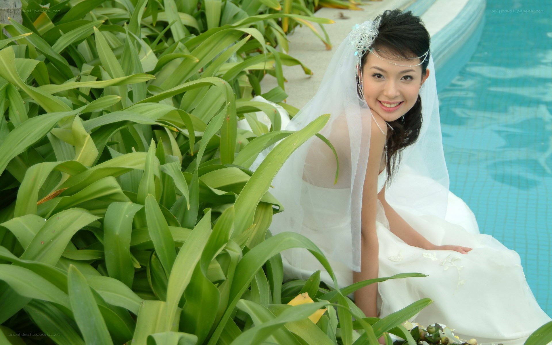 Bride by the poolside