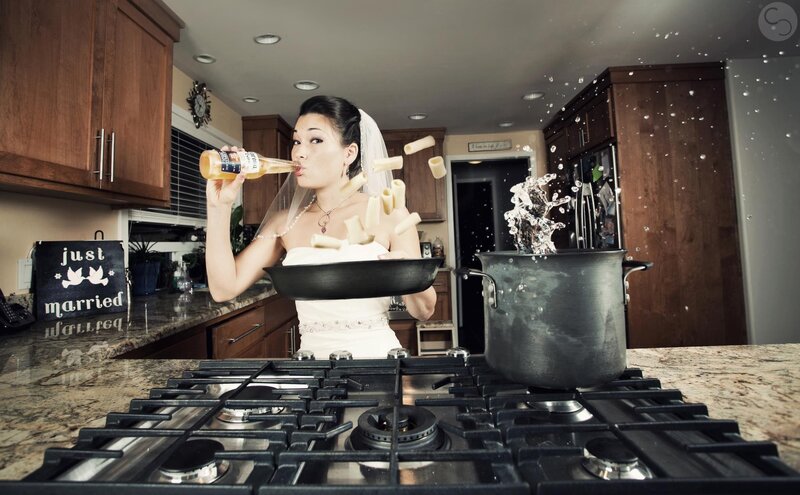 Bride Cooking Pasta