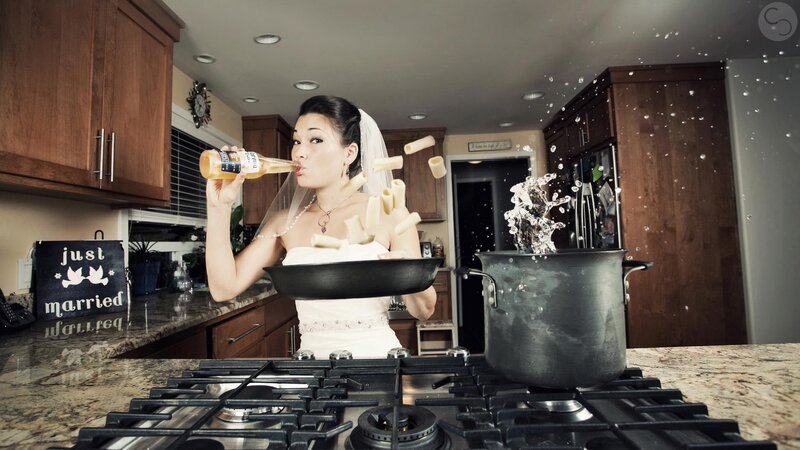 Bride Cooking Pasta — White