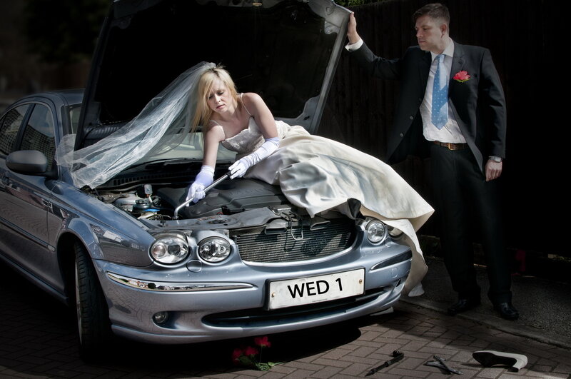 Bride Fixing Car Engine