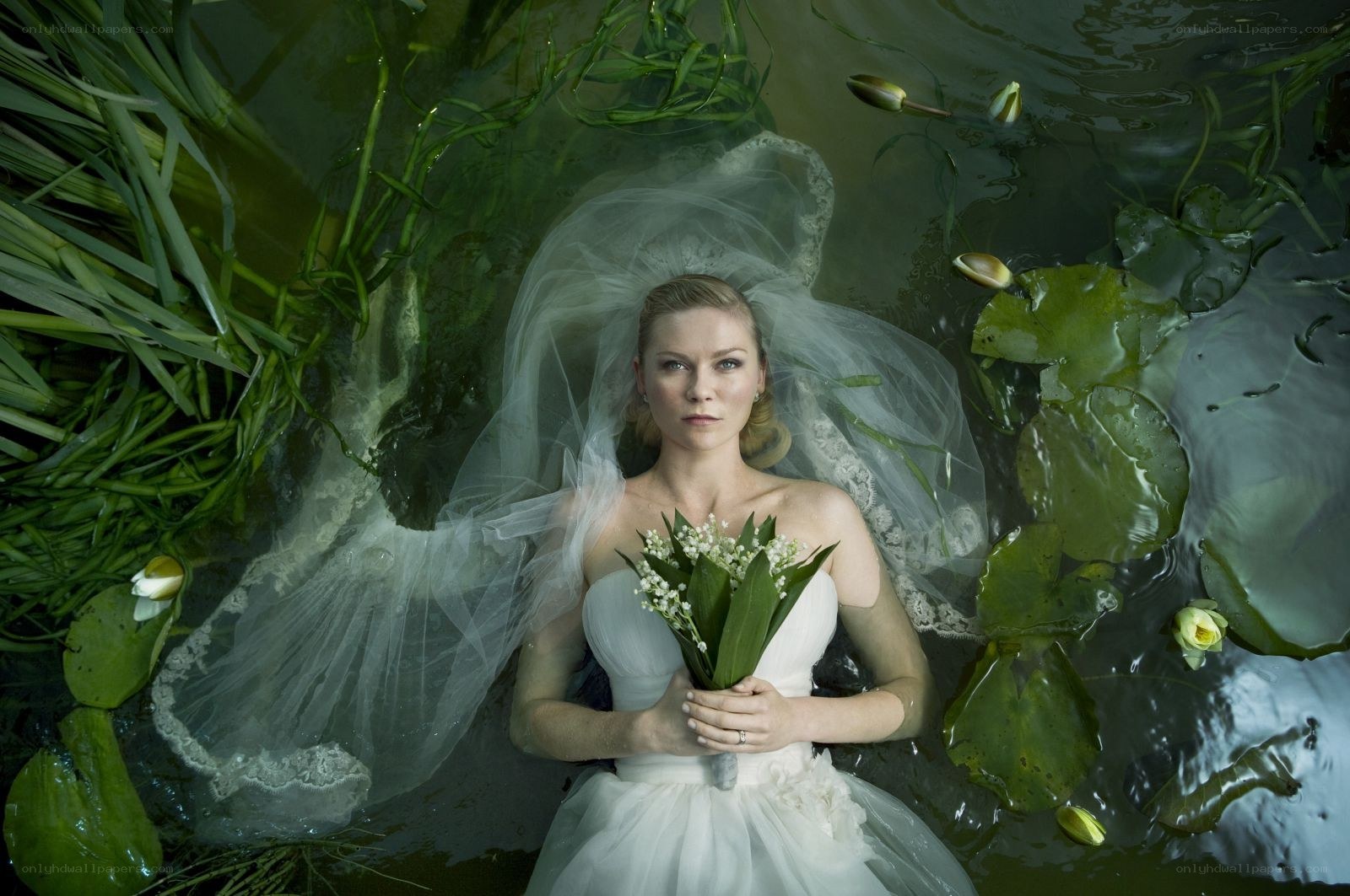 bride floating in pond