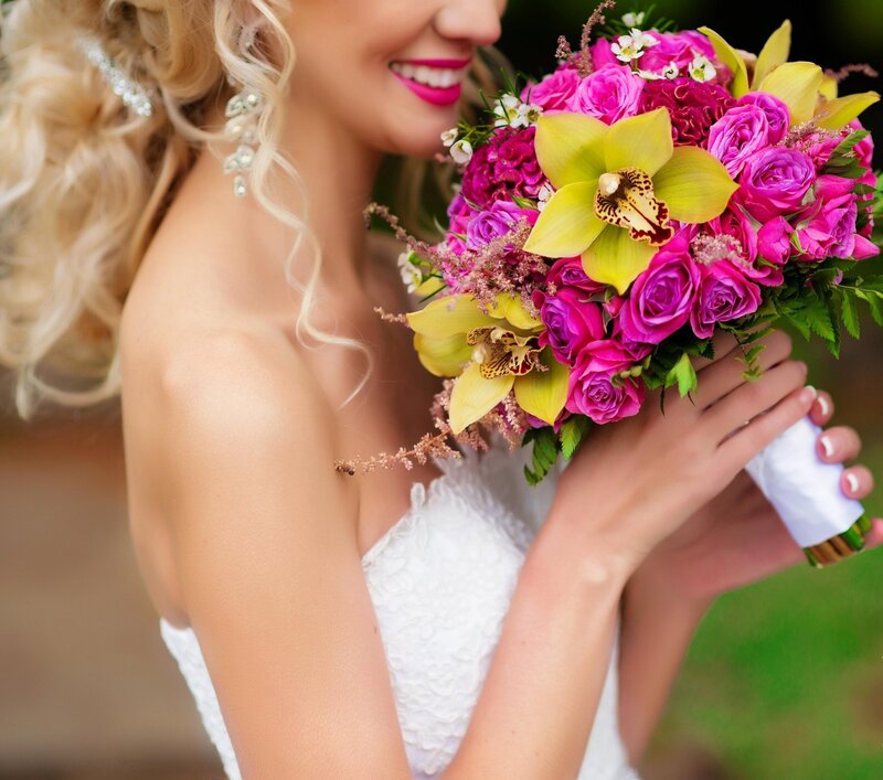 Bride Holding Bouquet — Pink, Joyful, Afternoon