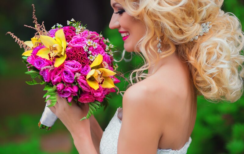 Bride Holding Bouquet — Pink, Joyful