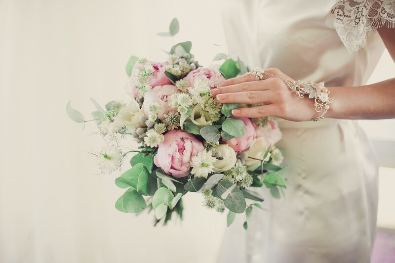 Bride Holding Bouquet — Pink, Serene, Afternoon, Photograph