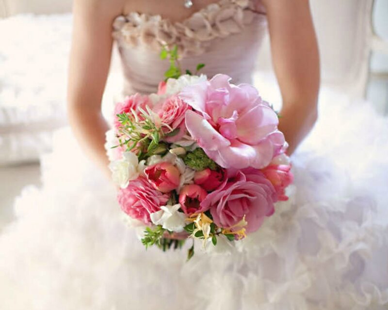 Bride Holding Bouquet — Pink, Serene, Photograph, Flower Bouquet