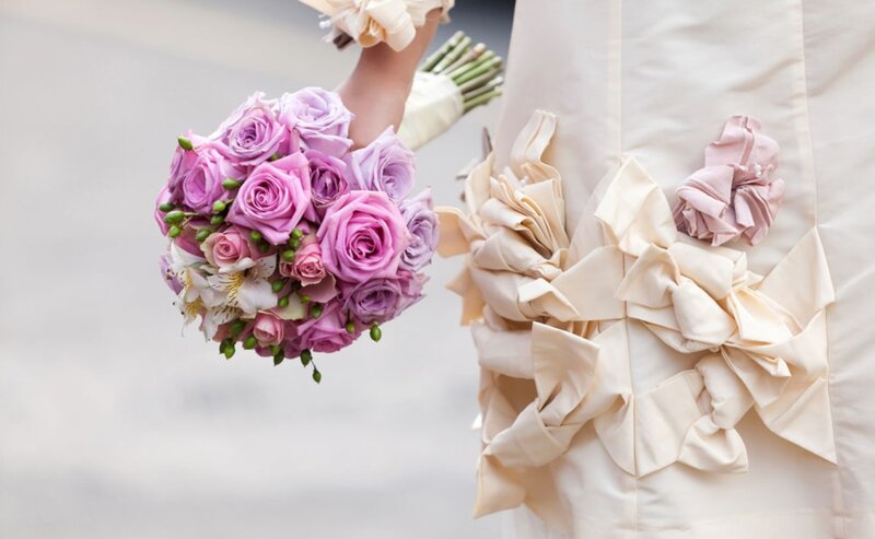 Bride Holding Bouquet — Purple, Elegant