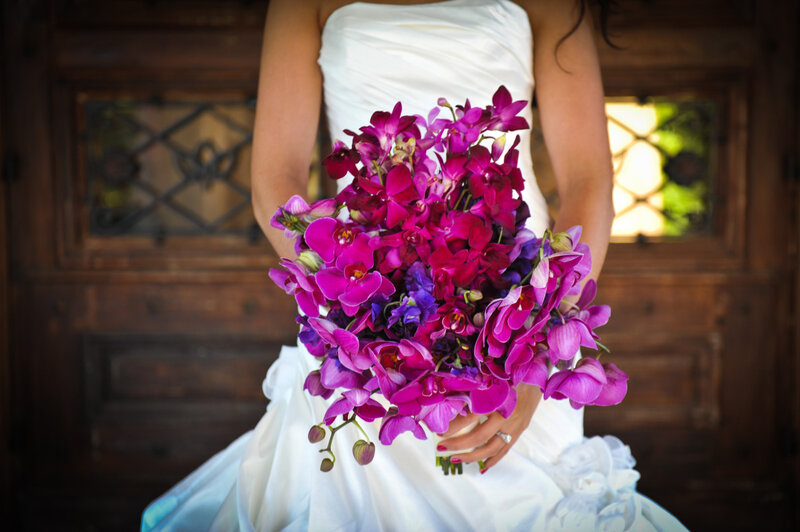 Bride Holding Bouquet — Purple, Serene, Afternoon