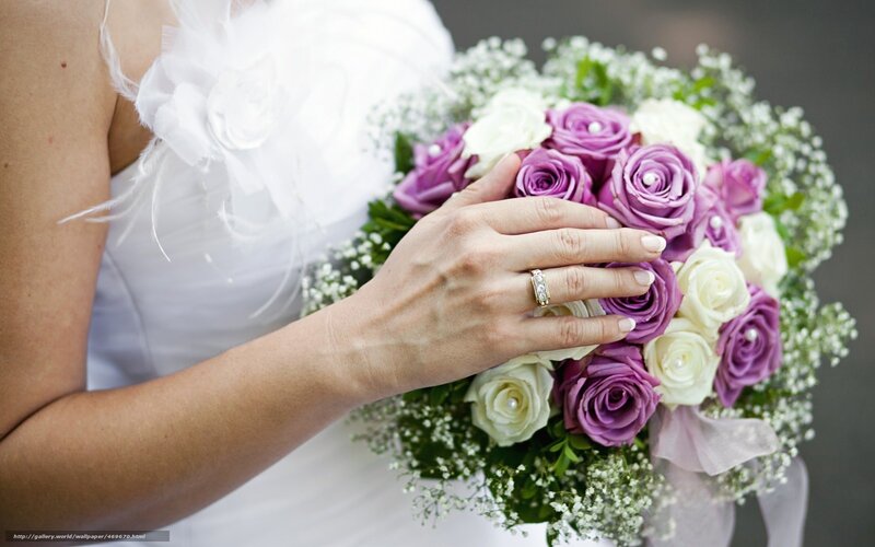 Bride Holding Bouquet — Purple, Serene, Photograph