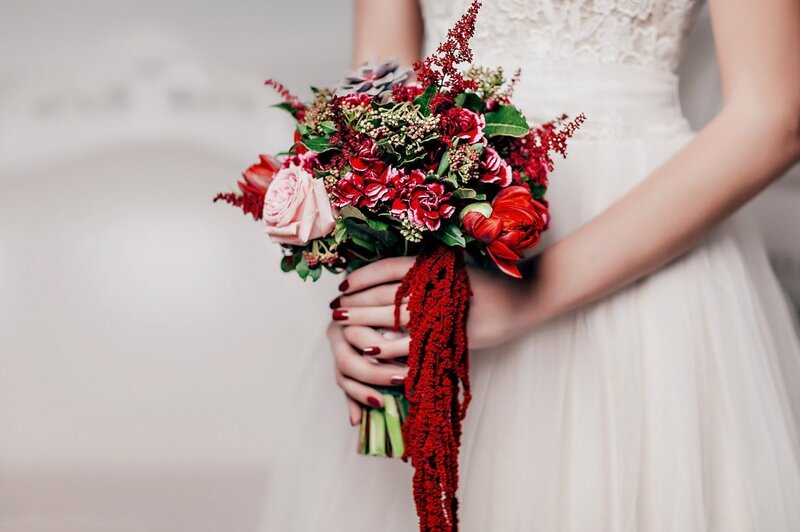 Bride Holding Bouquet — Red, Calm, Photograph