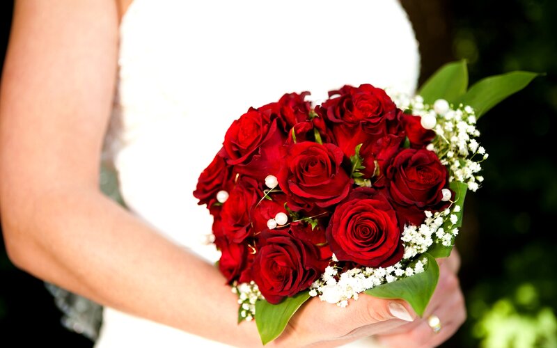 Bride Holding Bouquet — Red, Romantic