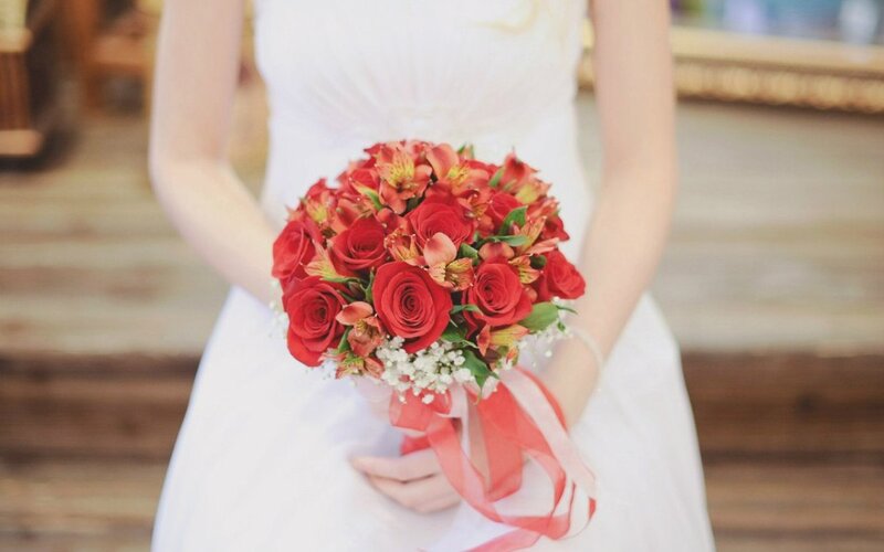 Bride Holding Bouquet — Red, Serene, Photograph