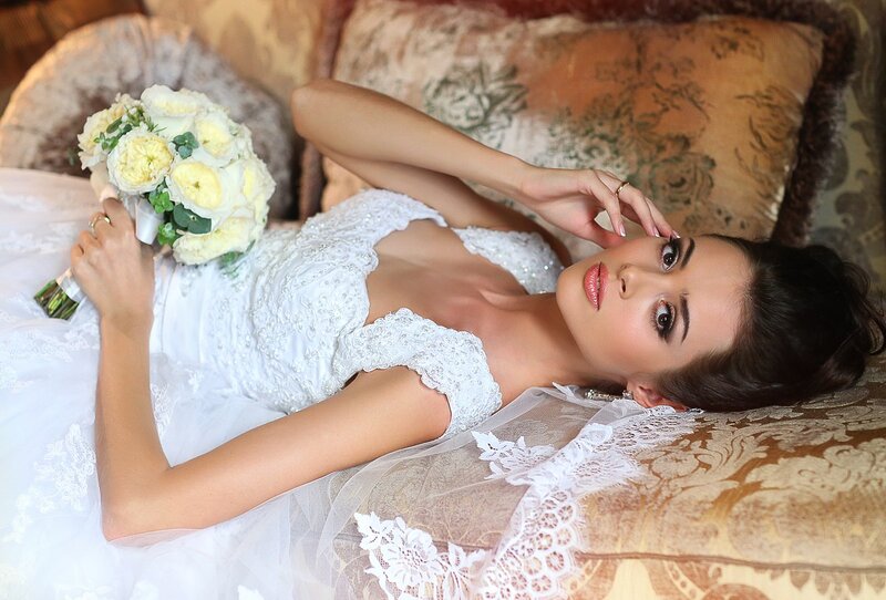 Bride Holding Bouquet — White, Calm, Photograph