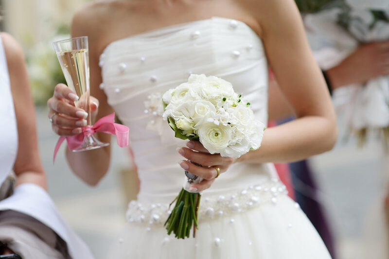 Bride Holding Bouquet — White, Celebratory