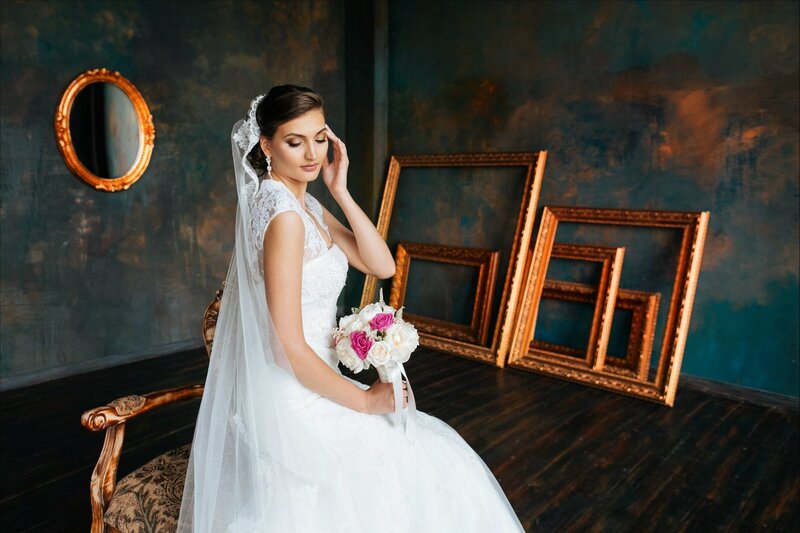 Bride Holding Bouquet — White, Dramatic, Photograph, Mirror