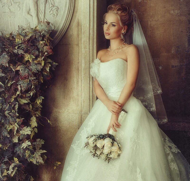 Bride Holding Bouquet — White, Dramatic, Photograph