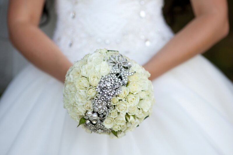 Bride Holding Bouquet — White, Elegant, Photograph, White Roses