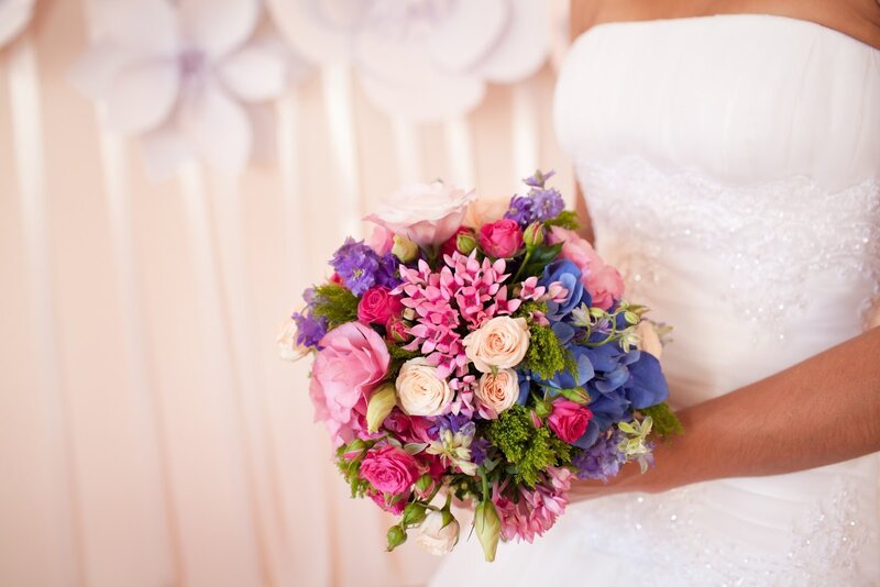 Bride Holding Bouquet — White, Festive, Photograph