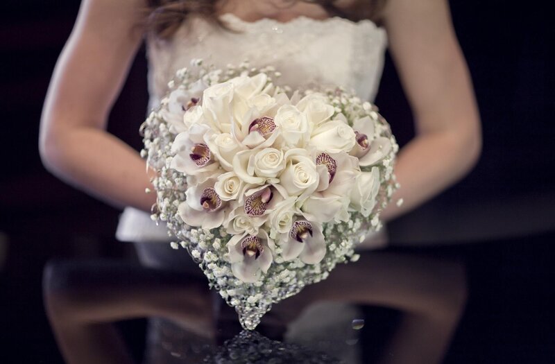 Bride Holding Bouquet — White, Formal, Photograph