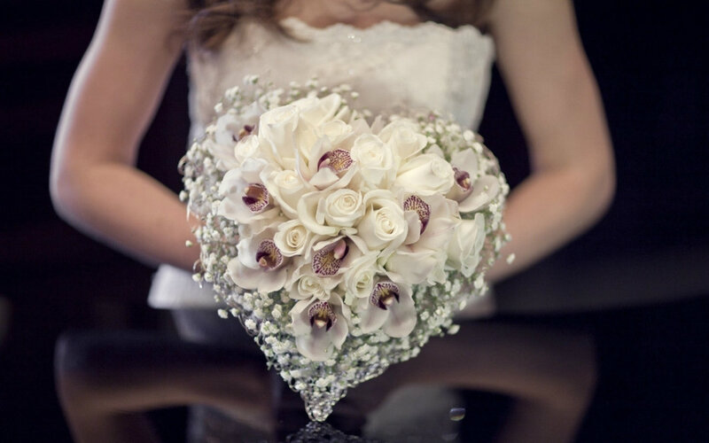 Bride Holding Bouquet — White, Formal