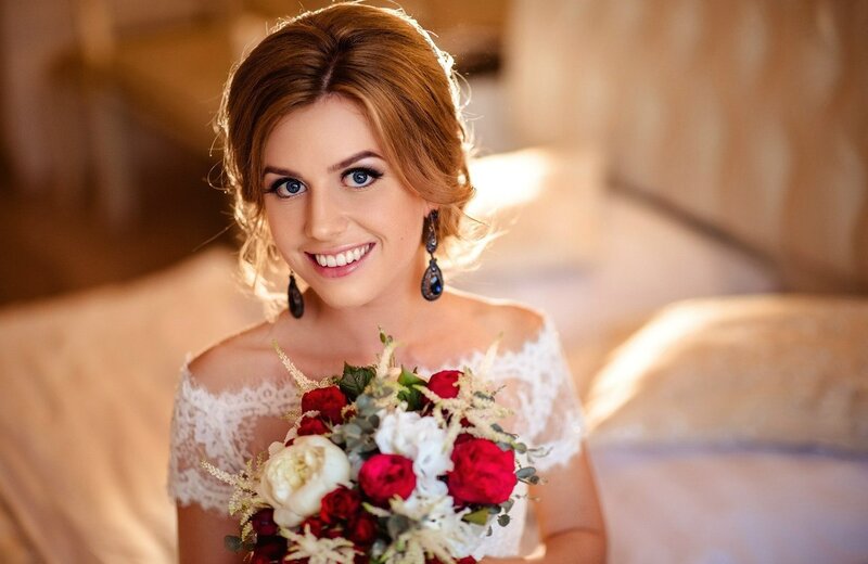 Bride Holding Bouquet — White, Happy