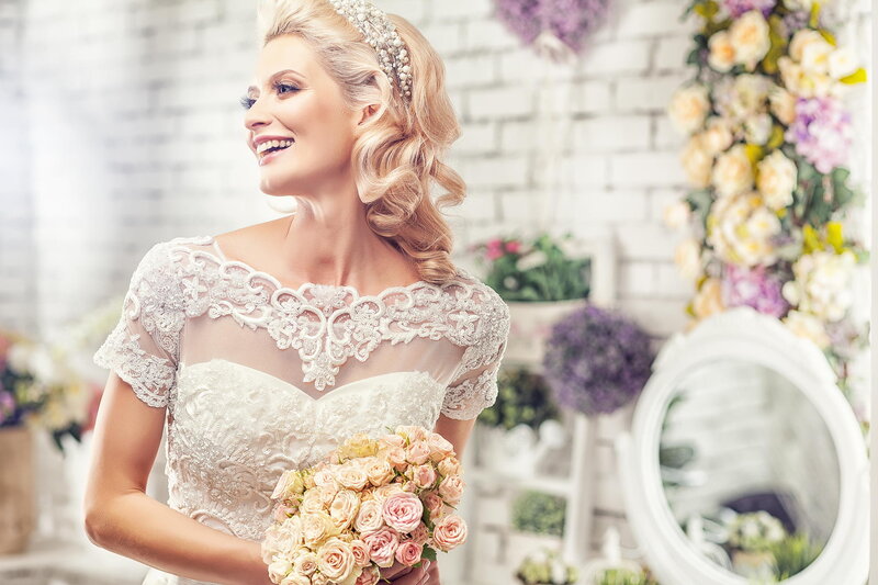 Bride Holding Bouquet — White, Joyful