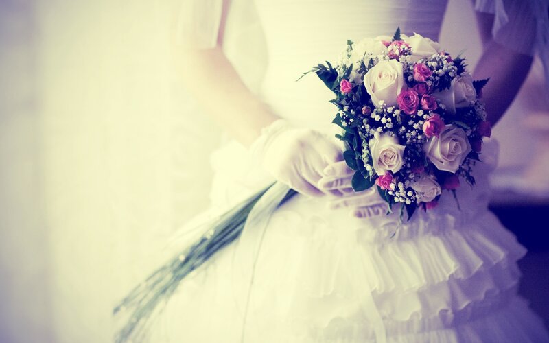 Bride Holding Bouquet — White, Romantic, Photograph, Gloves