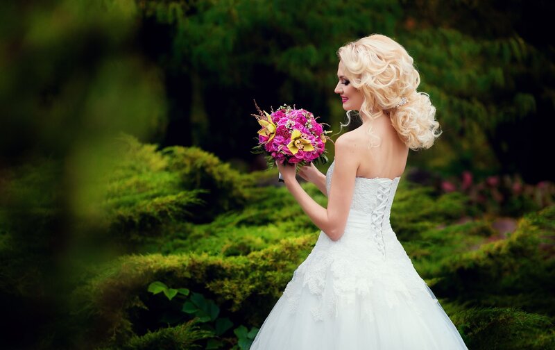 Bride Holding Bouquet — White, Serene, Afternoon, Photograph, Dress, Hair