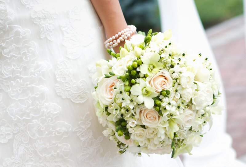 Bride Holding Bouquet — White, Serene, Afternoon, Photograph, Dress