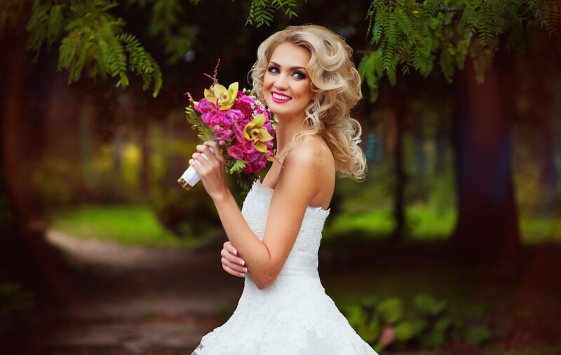 Bride Holding Bouquet — White, Serene, Afternoon, Photograph, Dress, Trees