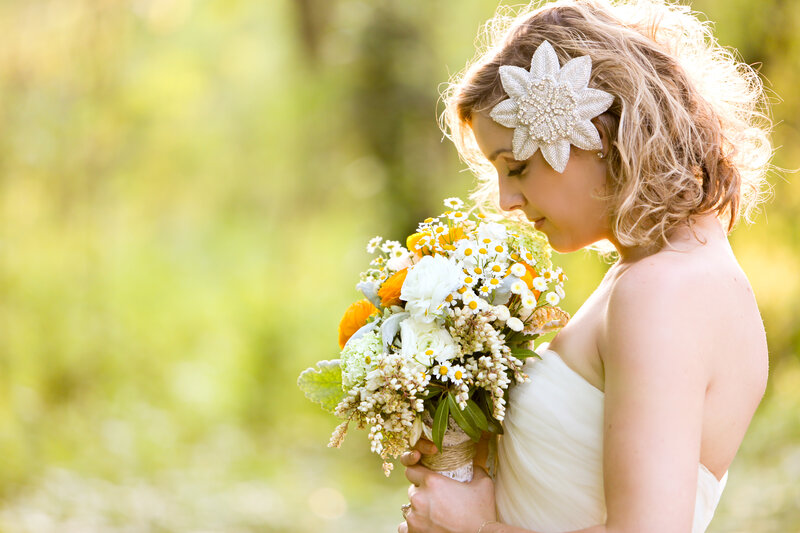 Bride Holding Bouquet — White, Serene, Afternoon, Photograph, Flower Crown
