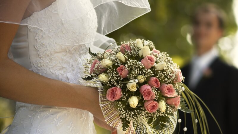 Bride Holding Bouquet — White, Serene, Afternoon, Photograph, Groom