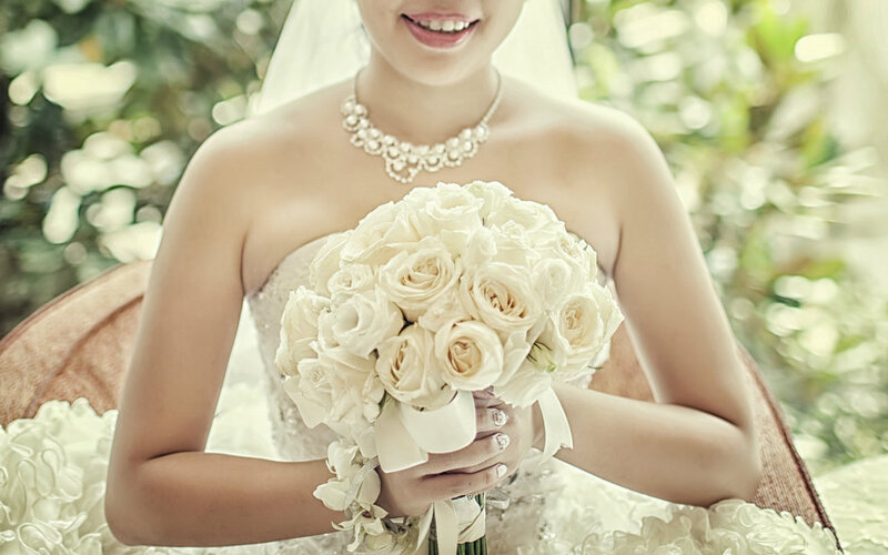 Bride Holding Bouquet — White, Serene, Afternoon, Photograph, Necklace