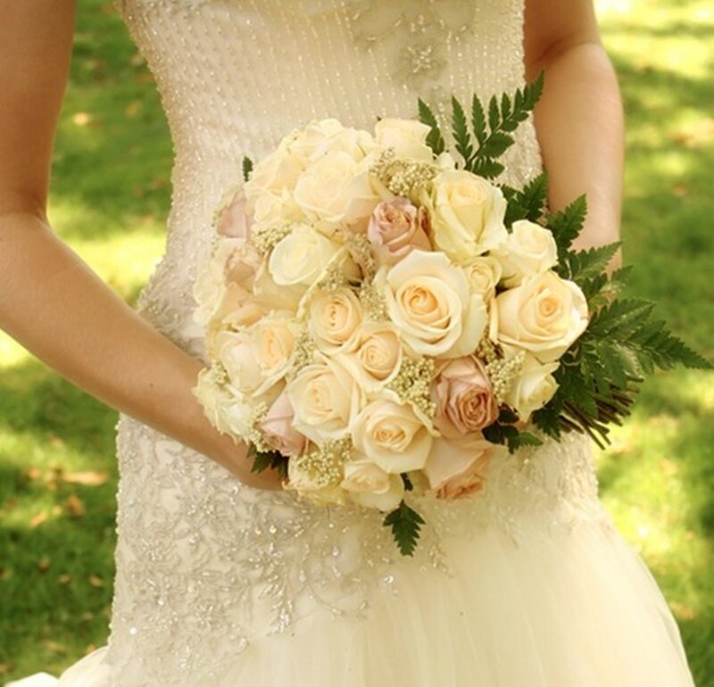 Bride Holding Bouquet — White, Serene, Afternoon, Photograph, Roses