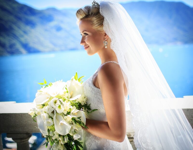 Bride Holding Bouquet — White, Serene, Afternoon, Photograph, Veil, Mountains