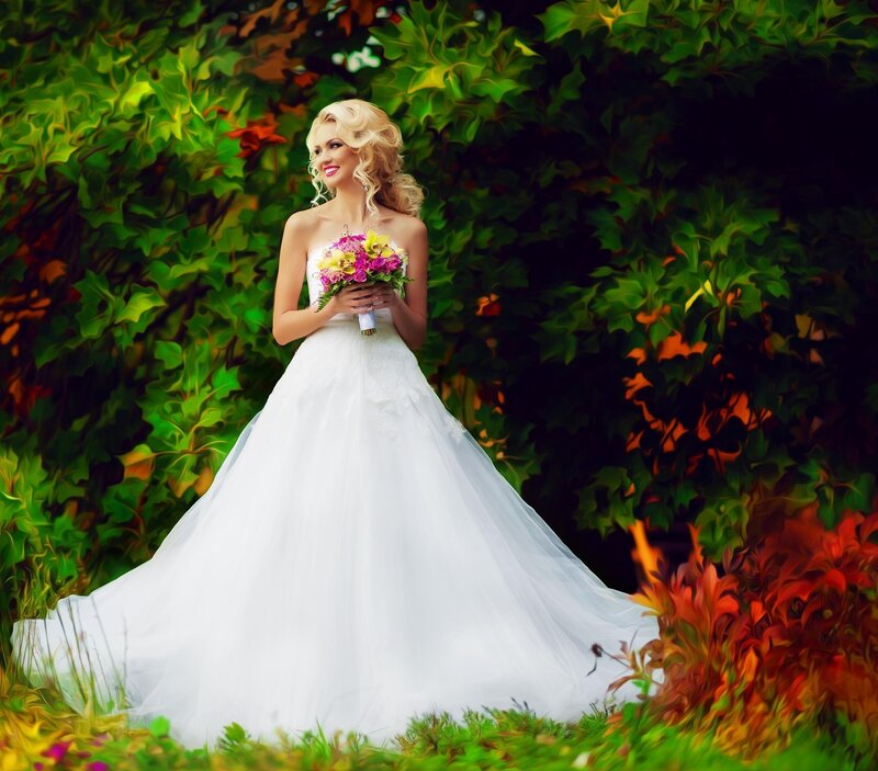 Bride Holding Bouquet — White, Serene, Autumn, Digital Art