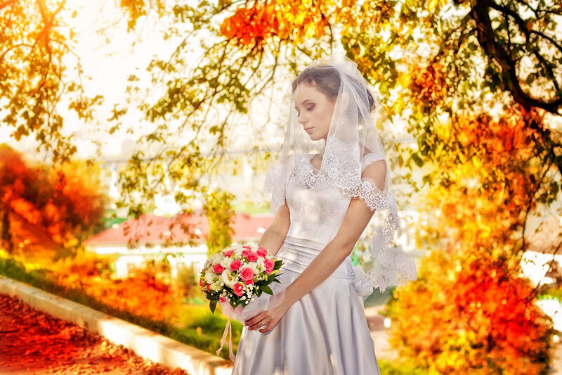 Bride Holding Bouquet — White, Serene, Autumn, Photograph, Veil