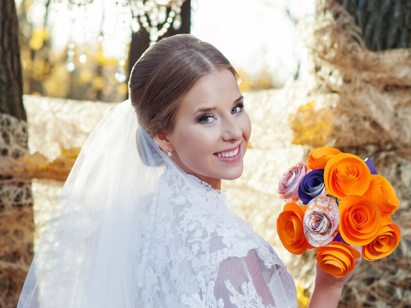 Bride Holding Bouquet — White, Serene, Autumn