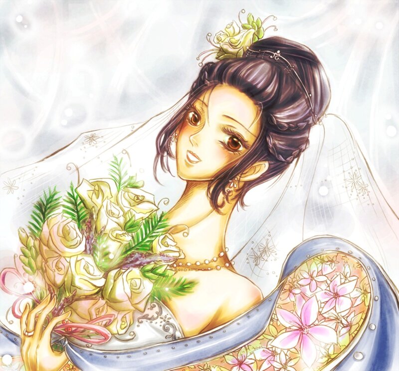 Bride Holding Bouquet — White, Serene, Digital Art