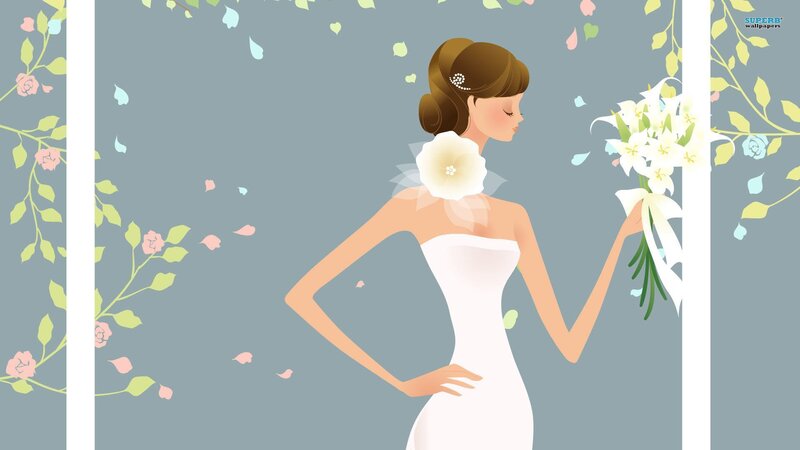 Bride Holding Bouquet — White, Serene, Illustration