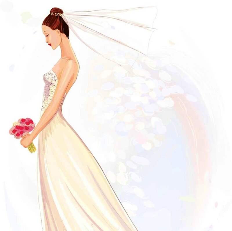 Bride Holding Bouquet — White, Serene, Illustration, Veil