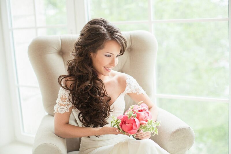 Bride Holding Bouquet — White, Serene, Morning, Photograph, Armchair