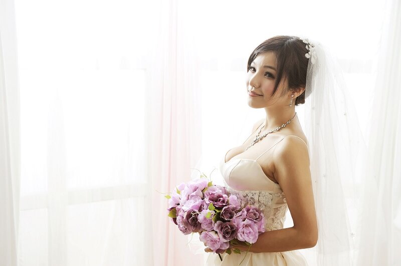 Bride Holding Bouquet — White, Serene, Morning, Photograph, Veil, Flowers
