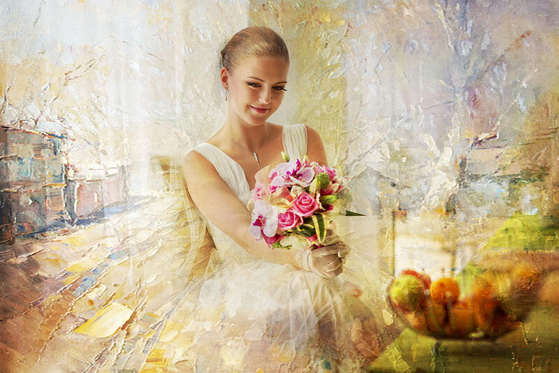 Bride Holding Bouquet — White, Serene, Painting