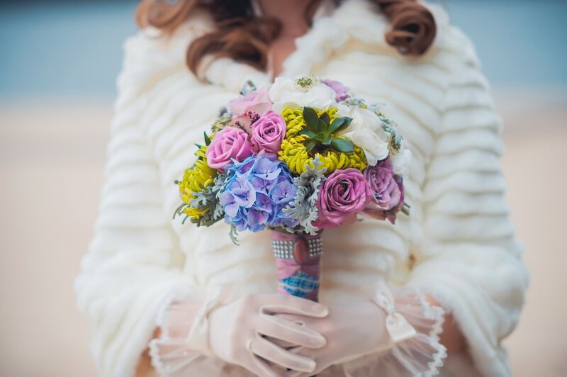 Bride Holding Bouquet — White, Serene, Photograph, Coat