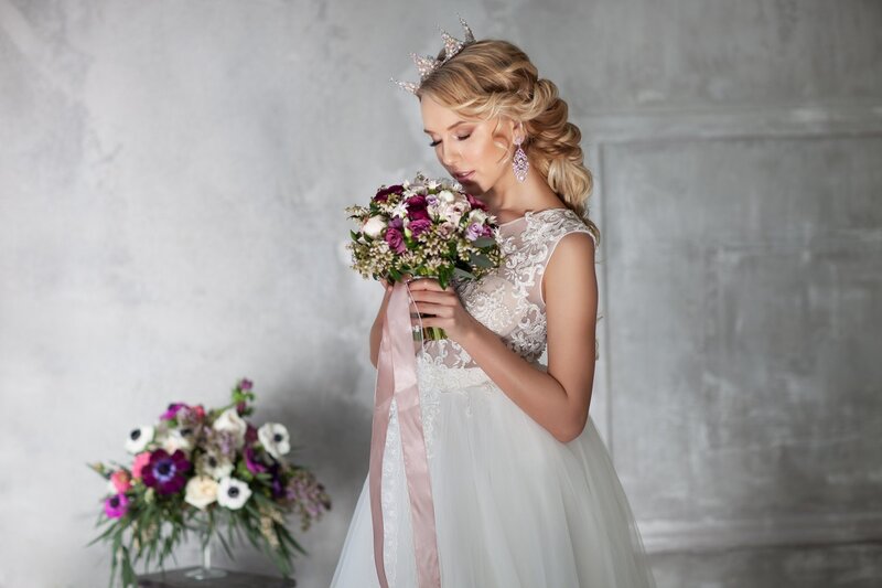 Bride Holding Bouquet — White, Serene, Photograph, Crown